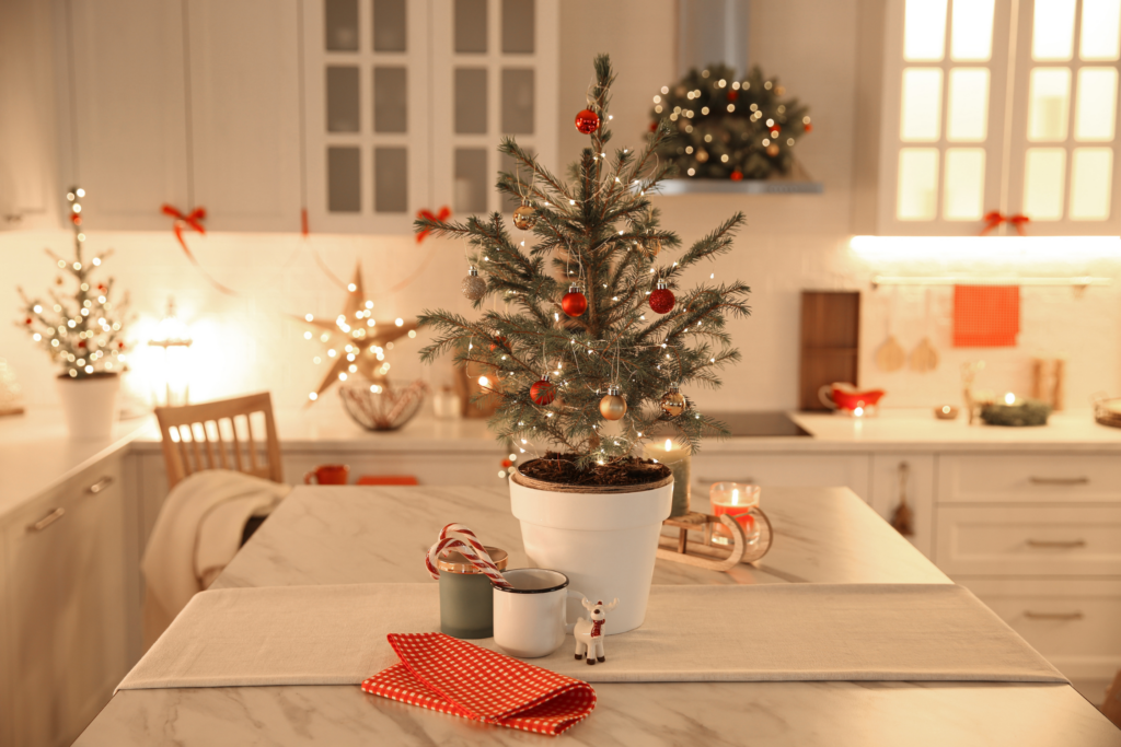 Small Christmas tree on a kitchen island